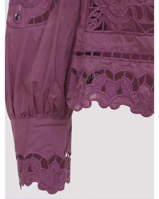Farm Rio Purple Richelieu Embroidery Blouse Balloon Sleeves