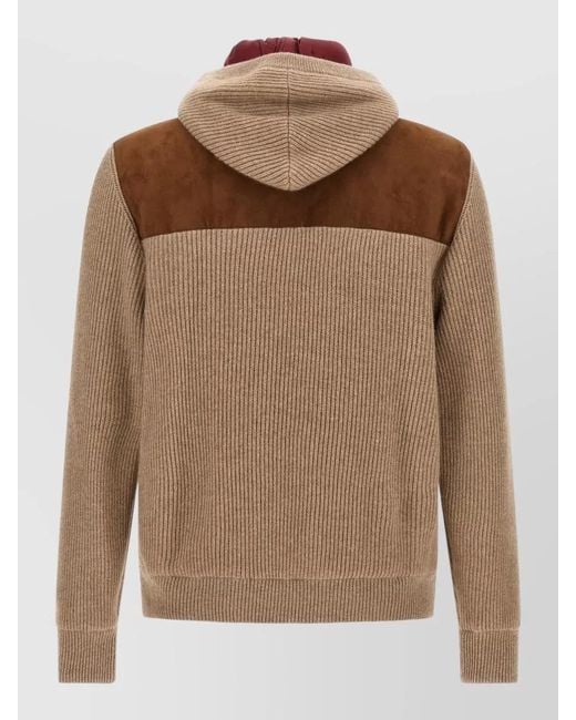Brunello Cucinelli Brown Suede Cashmere Hooded Bomber Jacket for men