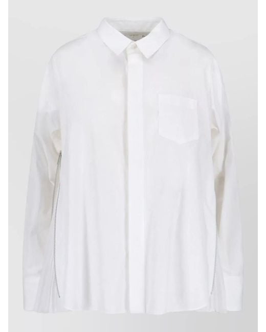 Sacai White Long Sleeve Top Front Pocket Pleated Detail