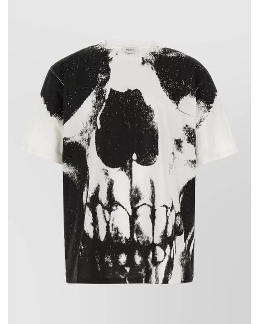 McQueen Black Skull Motif Crew Neck Graphic T Shirt for men