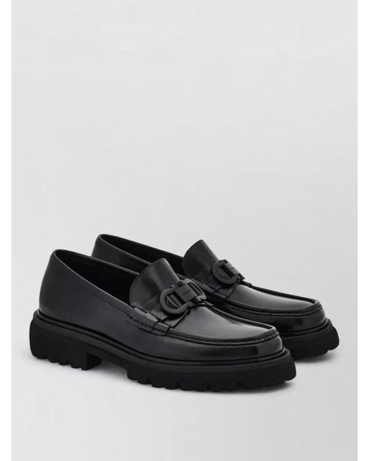 Ferragamo Black Gancini Detail Loafers Tubular Construction for men