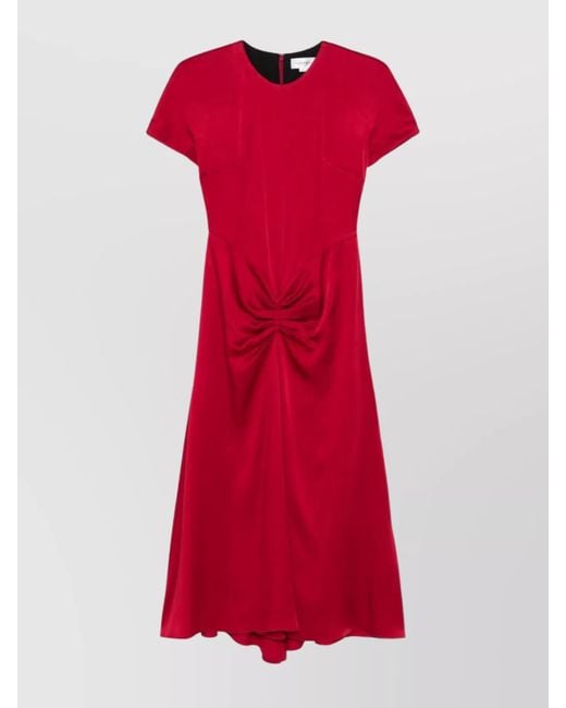 Victoria Beckham Red Long Satin Finish Dress With Ruched Detail
