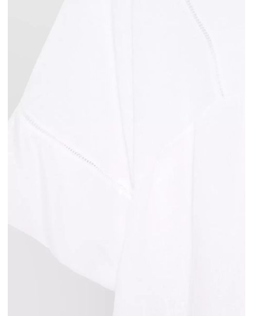 120% Lino White Linen Kaftan Dress V Neckline Contrast
