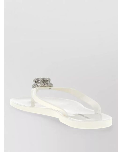 Mach & Mach White Crystal-Embellished Double Heart Thong Sandals