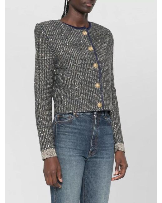 Balmain Gray Knit Cardigan Contrast Trim Cropped Length