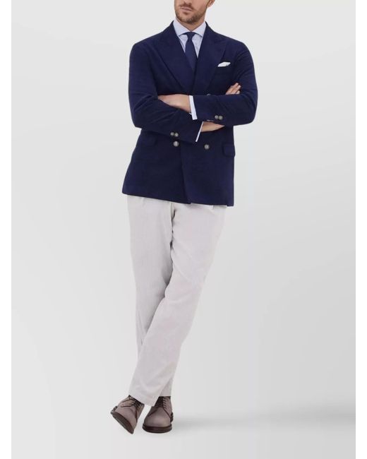 Brunello Cucinelli Blue Wool Silk Cashmere Double-Breasted Corduroy Blazer for men