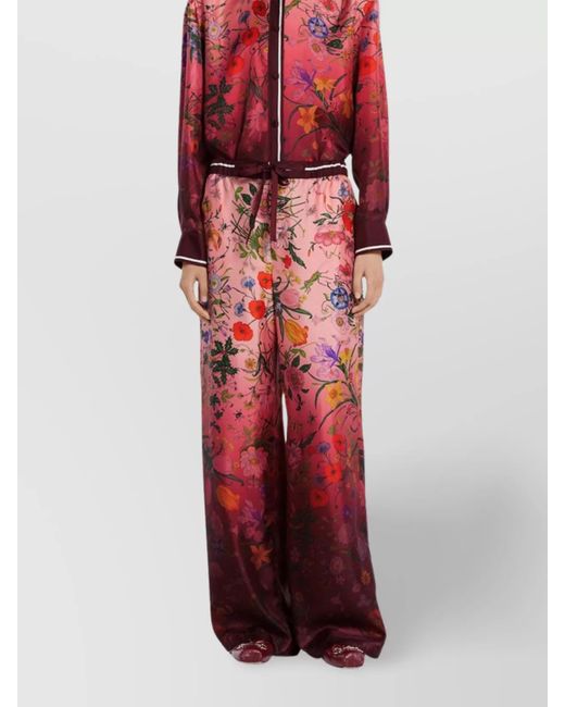 Gucci Red Floral Print Wide Leg Trousers With Elastic Waistband
