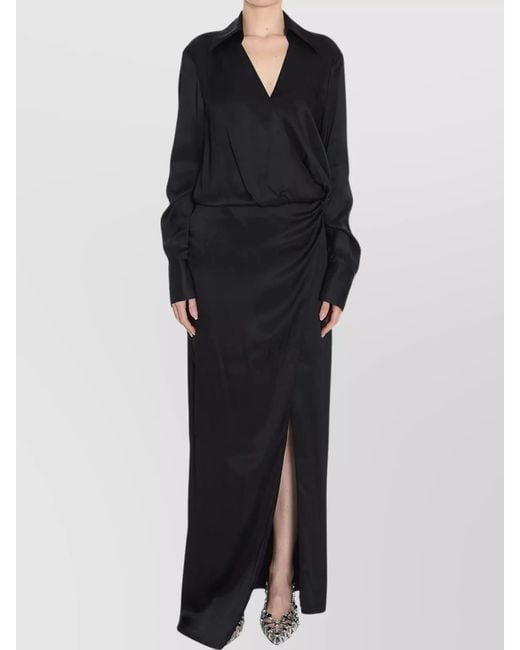 The Attico Black Draped V-Neck Long-Sleeve Maxi Shirt Dress