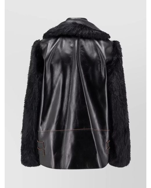 Sacai Black Leather Jacket With Faux Fur Inserts