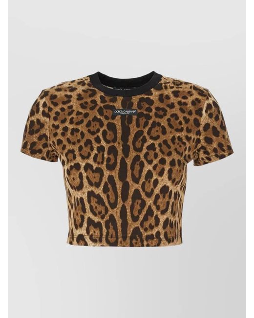 Dolce & Gabbana Brown Animal Print Crew Neck Cropped T Shirt
