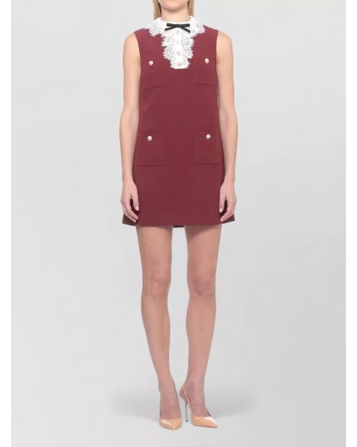 Self-Portrait Red Knee Length Dress Jewel Buttons Lace Collar
