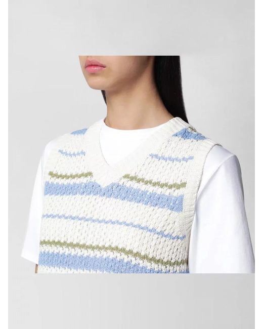 DUNST White V Neck Sleeveless Knit Striped Top