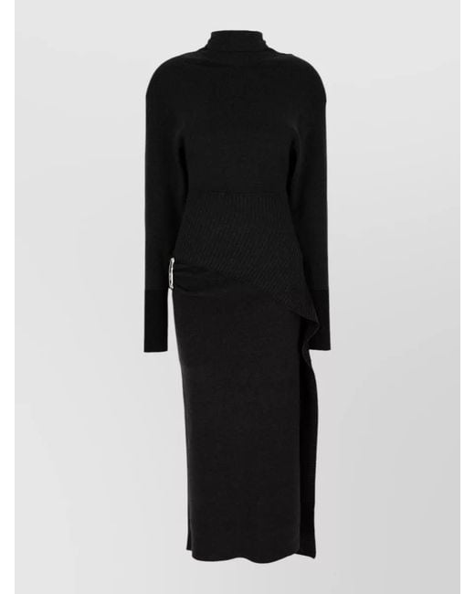 Lanvin Black Stretch Wool Blend Ribbed Turtleneck Midi Dress