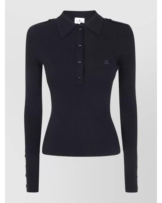Courreges Blue Ribbed Knit Long Sleeve Polo Top