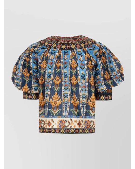 Farm Rio Blue Floral Cotton Blouse Puff Sleeves Embroidery