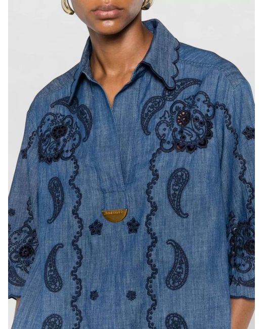 Zimmermann Blue Aster Denim Mini Dress Paisley Embroidery Scalloped