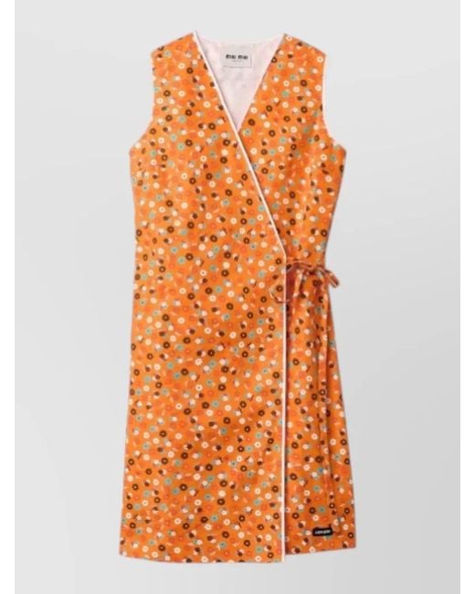 Miu Miu Orange Wrap Dress Knee Length Floral V Neckline Sleeveless