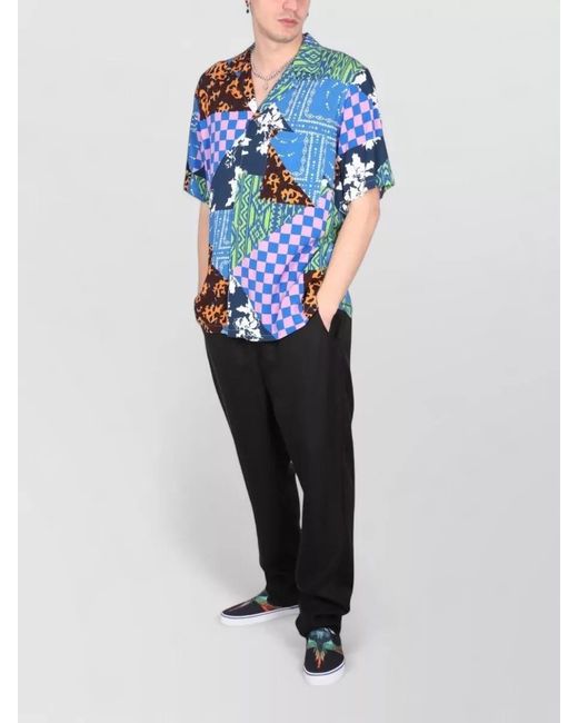 Marcelo Burlon Blue Hawaii Bowling Collar Patchwork Short Shirt for men