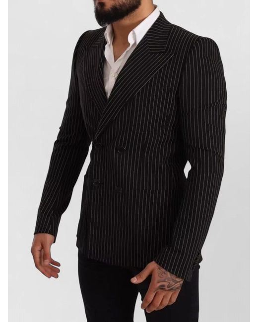 Dolce & Gabbana Black Wool Striped Slim-Fit Double-Breasted Blazer for men