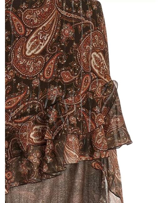 ANDAMANE Brown Camelia Skirt Asymmetric Hem Paisley Ruffle