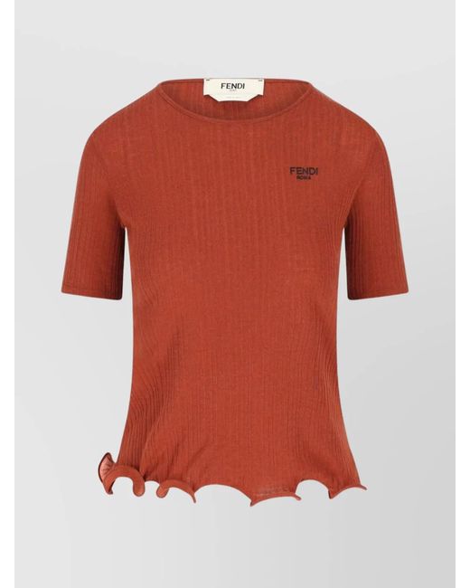 Fendi Red Virgin Wool Ribbed Short-Sleeve Crewneck Top