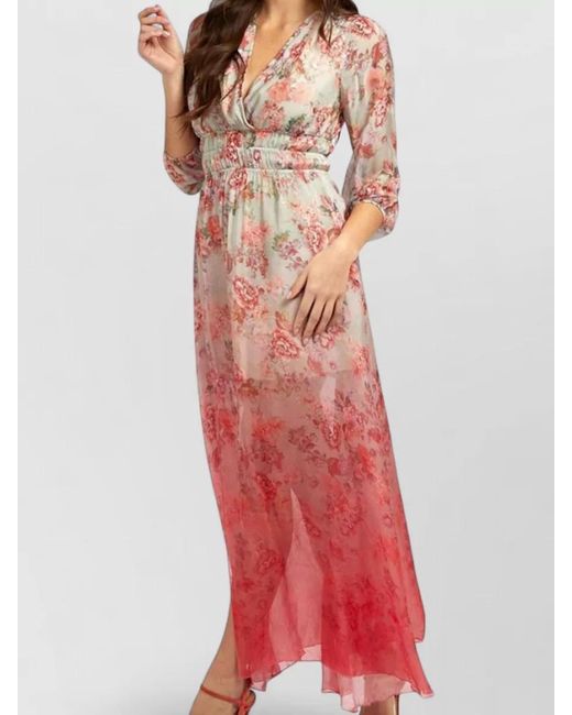 Guess Pink Empire Waist Long Dress Floral Print