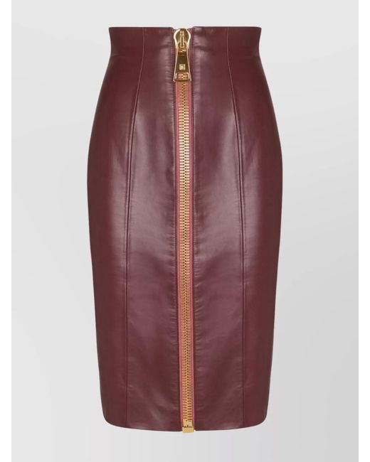 Balmain Purple Leather High-Rise Knee-Length Pencil Skirt