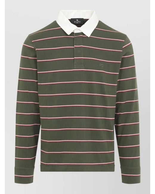 Etro Green Long Sleeve Striped Polo Shirt Collar for men
