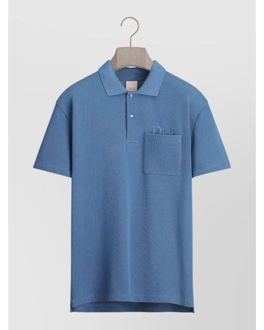 Dior Blue Polo Shirt Ribbed Collar Chest Pocket for men