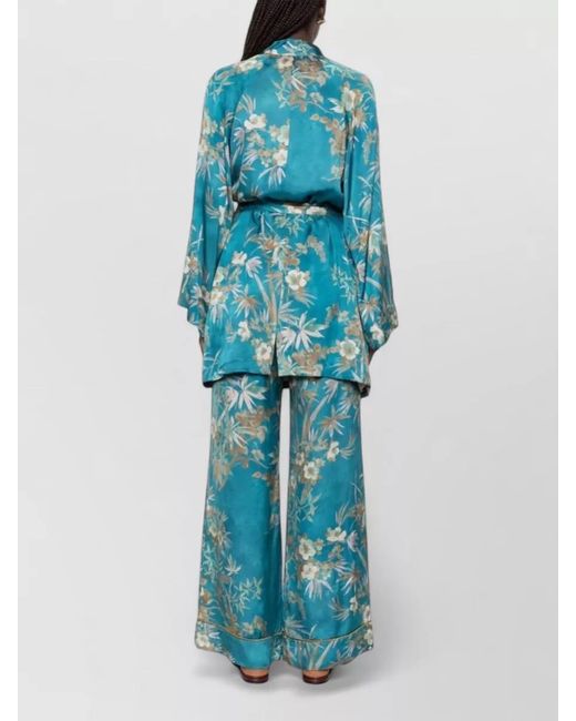 Forte_forte Blue Floral Satin Kimono Robe Piping