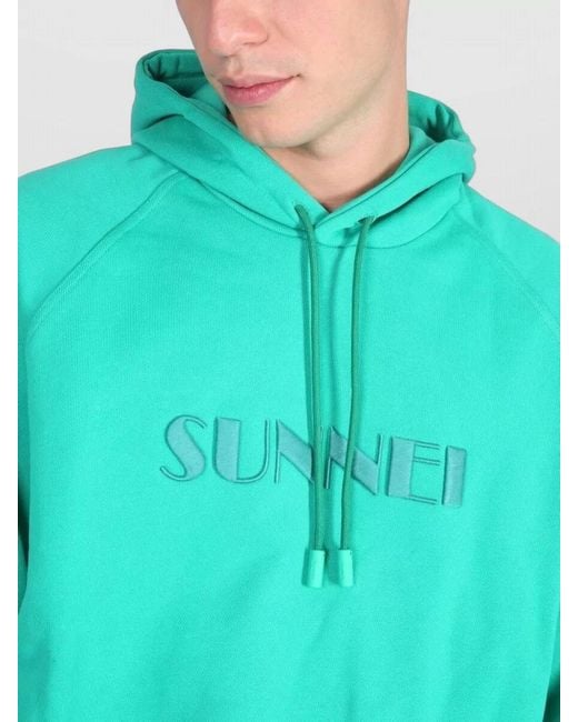 Sunnei Green Hooded Sweatshirt Logo Detail Ribbed Trims