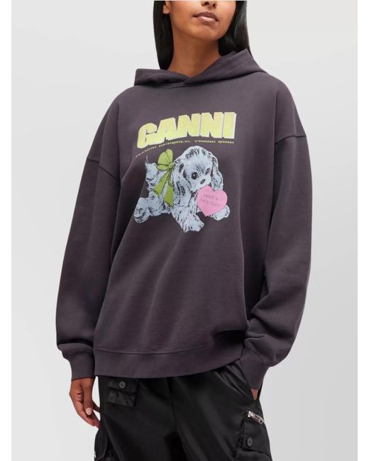 Ganni Purple Organic Cotton Oversized Puppy Print Hoodie