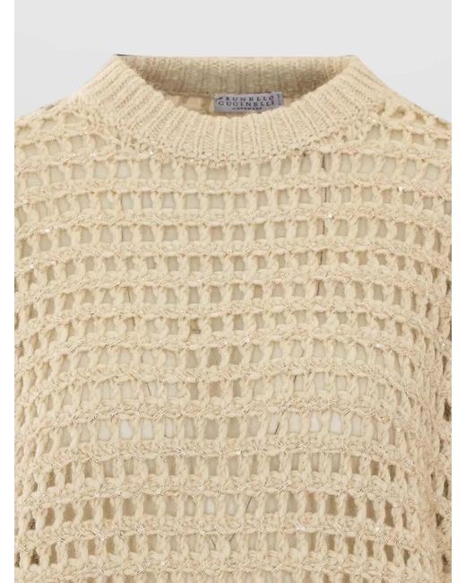 Brunello Cucinelli Natural Crew Neck Long Sleeve Open Knit Top