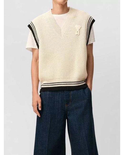 AMI Blue Ribbed V-Neck Sleeveless Sweater for men