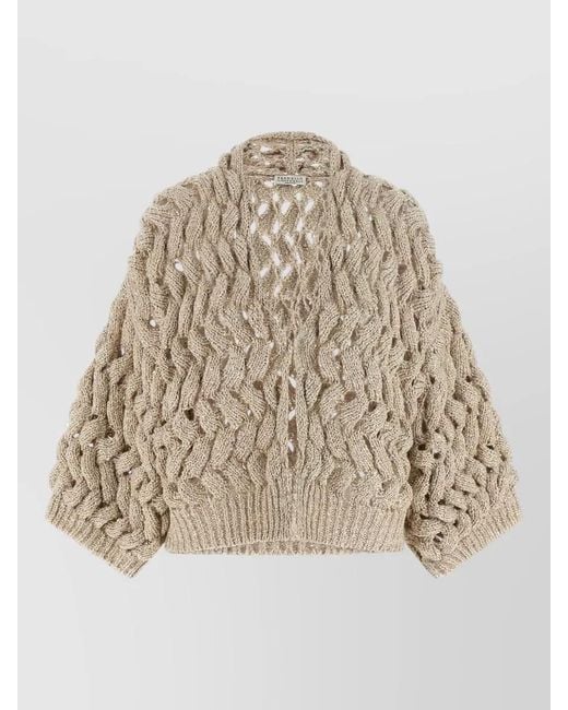 Brunello Cucinelli Natural Cable Knit Cropped Sequin Silk Linen Cardigan