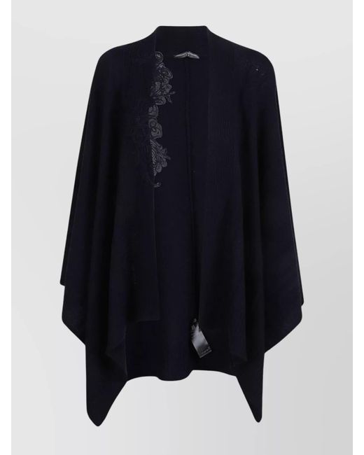 Ermanno Scervino Blue Draped Cape With Embroidered Ribbed Texture