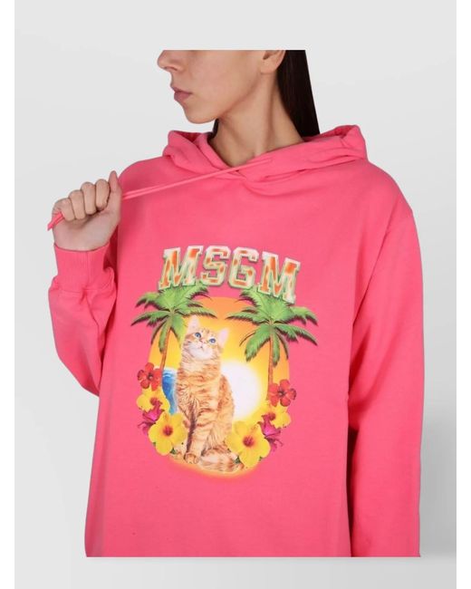 MSGM Pink Graphic Print Hooded Sweatshirt With Ribbed Design