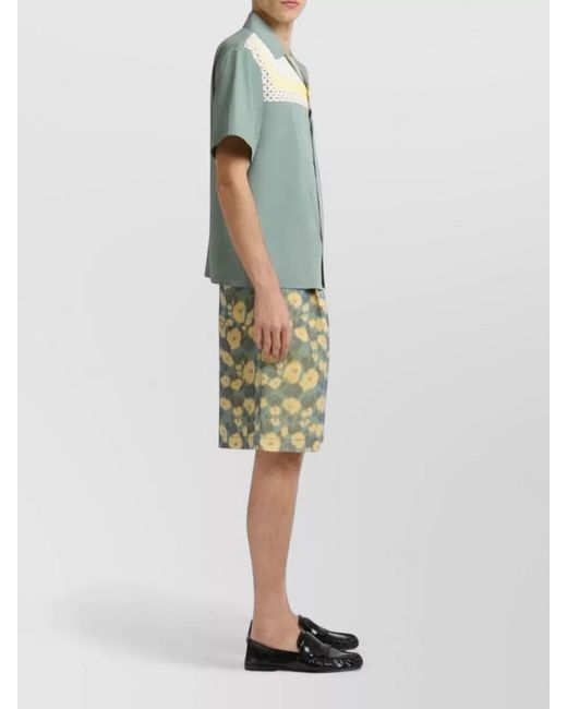 Marni Green Pleated Floral Print Linen Blend Shorts for men