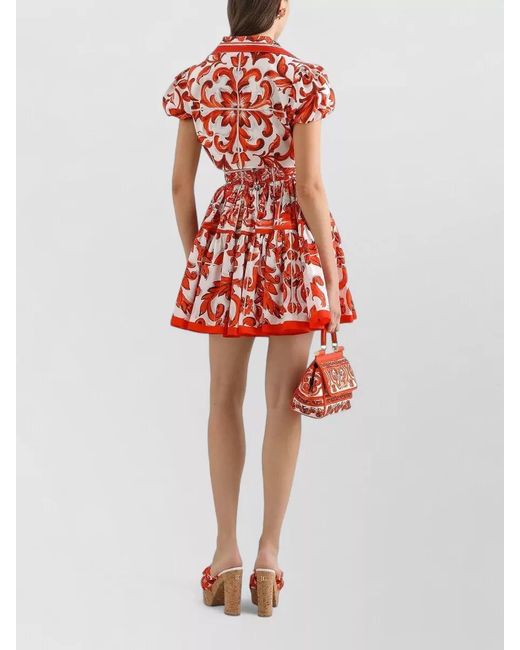 Dolce & Gabbana Red Majolica Print Poplin Shirt Dress
