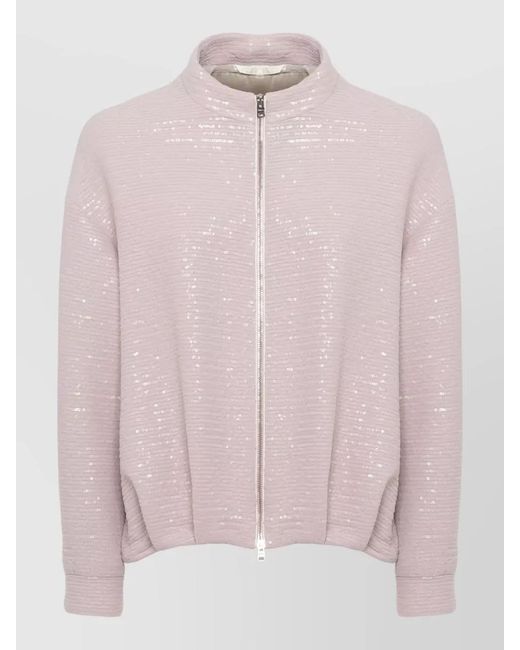 Herno Pink Short Sequin Jacket Crewneck High Collar