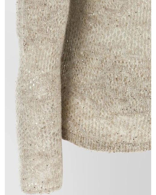 Brunello Cucinelli Natural Flower Lace Knit Sequin Crewneck Sweater