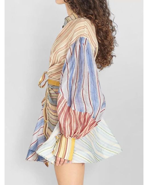 Zimmermann Multicolor Striped Linen Silk Wrap Mini Dress