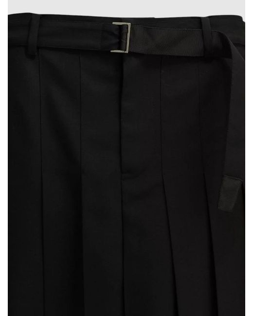 Sacai Black Wool Blend Pleated Shorts Belted Waist Pockets