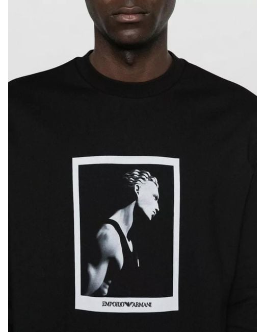 Emporio Armani Black Printed Cotton Crew Neck Sweatshirt for men