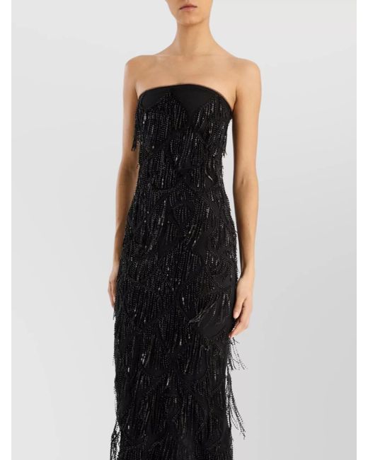 ROTATE BIRGER CHRISTENSEN Black Strapless Midi Dress Sequin Fringe