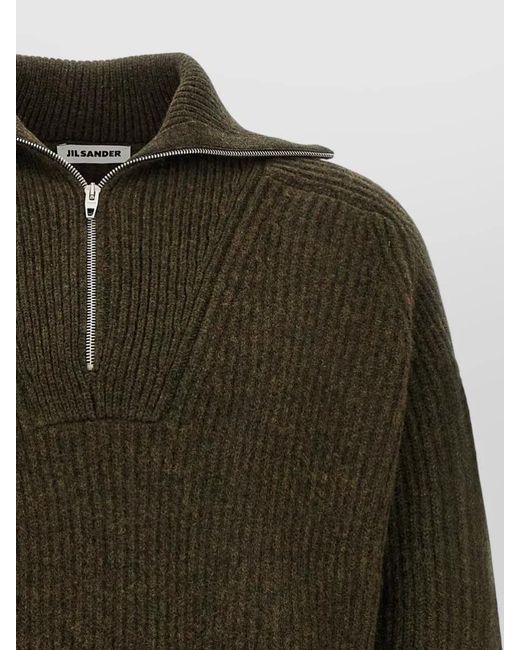 Jil Sander Green High Collar Half Zip Knit Sweater for men