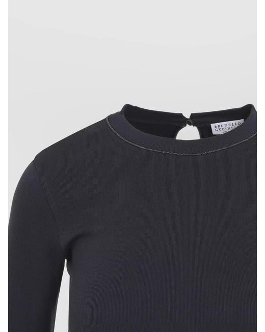 Brunello Cucinelli Blue Rib Knit T Shirt Keyhole Neck