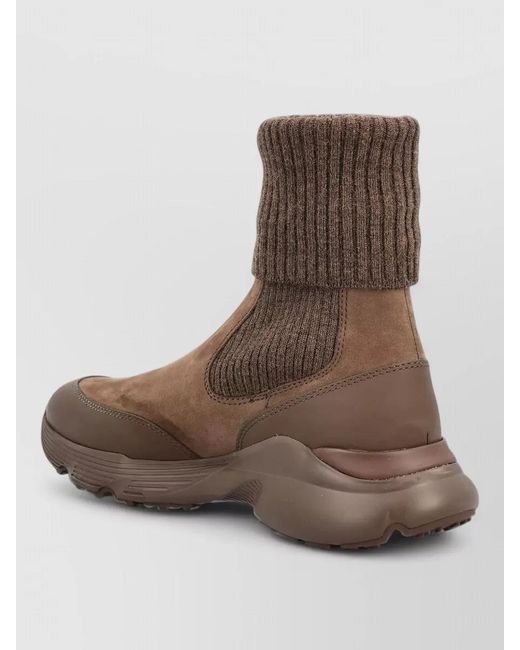 Tod's Brown Leather Ribbed-Knit Slip-On Sneakers