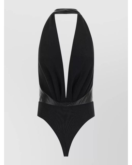 ANDAMANE Blue Zendaya Bodysuit Halter Neck Plunge Ruched
