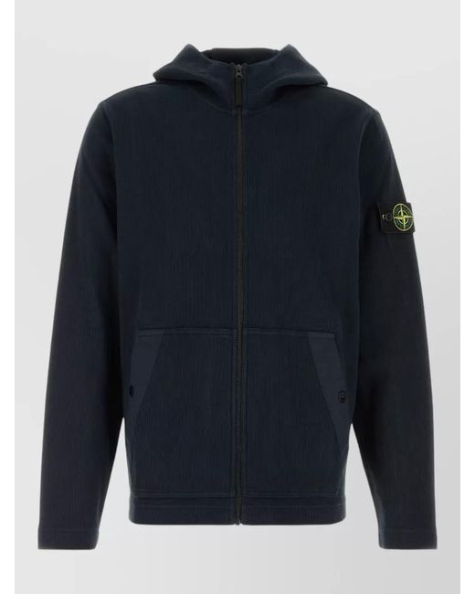 Stone Island Blue Ribbed Hooded Zip Cotton Sweatshirt for men